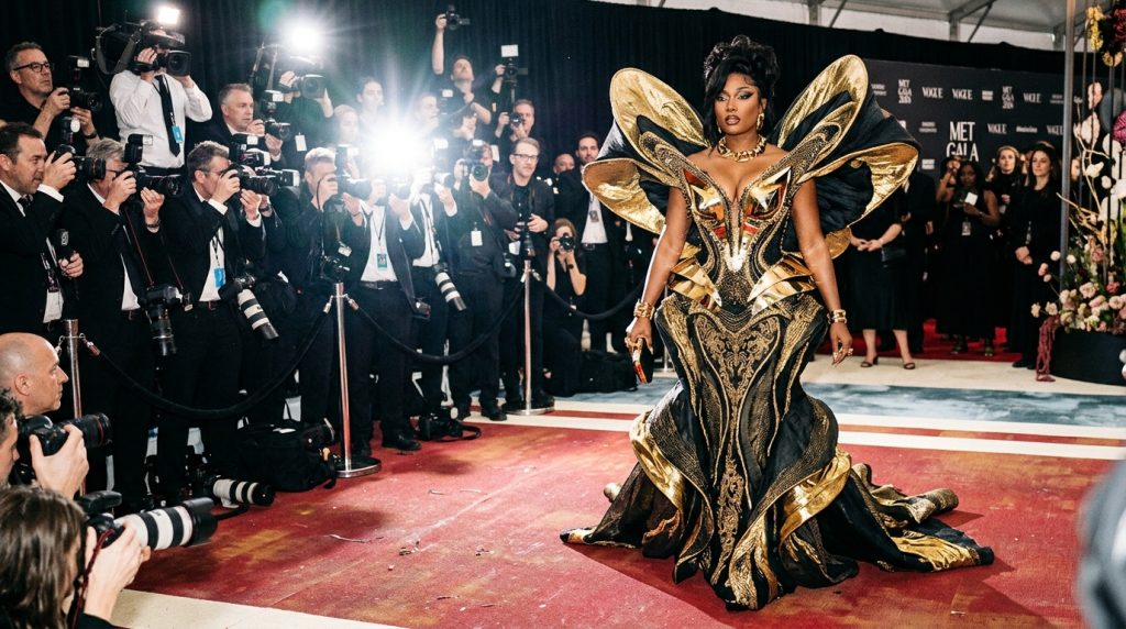 Person poses on red carpet in an ornate black-and-gold sculptural gown as photographers take pictures.