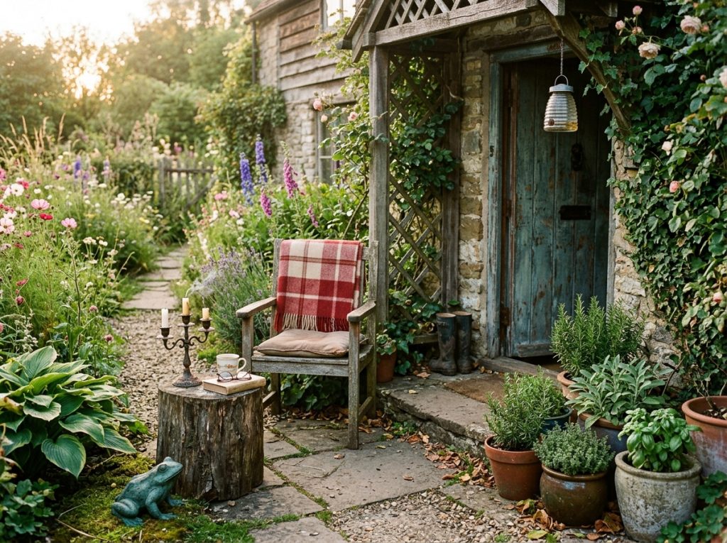 Cozy cottage garden entry with wooden chair and plaid blanket, potted herbs, stump table with candles, and blue door