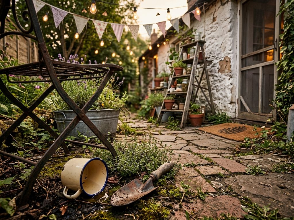 Cozy garden patio with string lights and bunting, potted plants on a ladder, and a fallen mug and trowel on stone path.