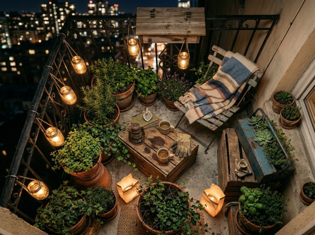 Cozy balcony garden at night with potted herbs, hanging jar lights, and a chair with blanket overlooking city lights