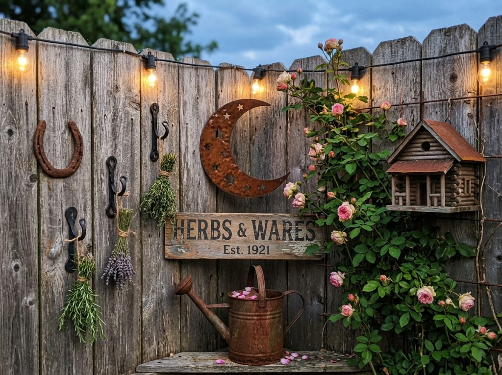 Rustic wooden fence with string lights, herb bundles, crescent moon decor, “Herbs & Wares” sign, rose vine and birdhouse.