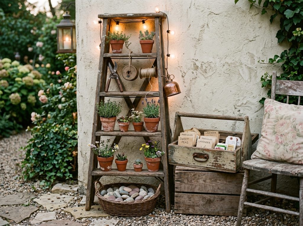 Rustic garden corner with ladder shelf of potted herbs, string lights, seed box, and wooden chair by a stucco wall