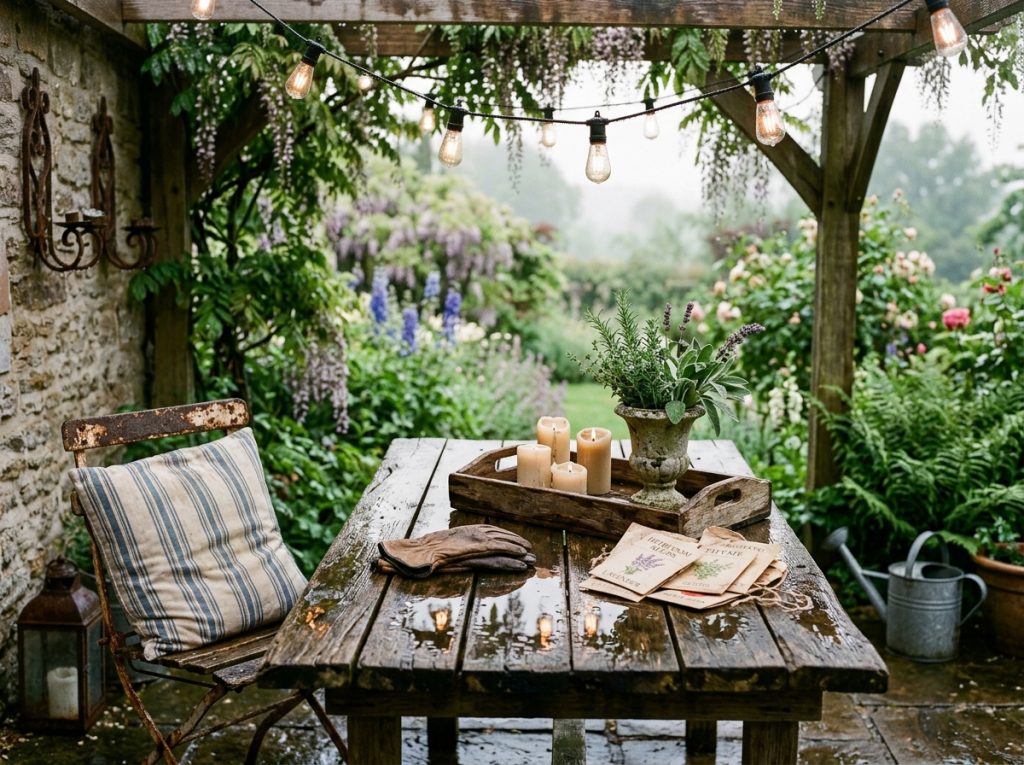 Rustic patio table under string lights, with candles, garden books, gloves, and lush garden in background