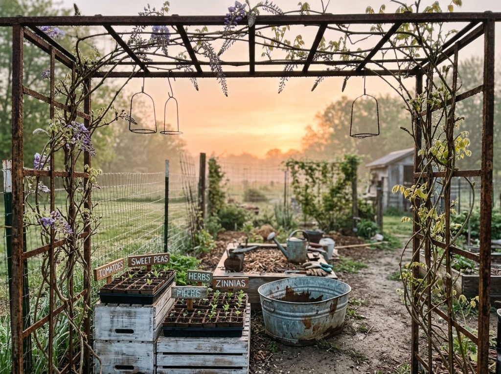 Garden trellis with vines and seedling trays labeled tomatoes, herbs, zinnias at sunrise over farm field