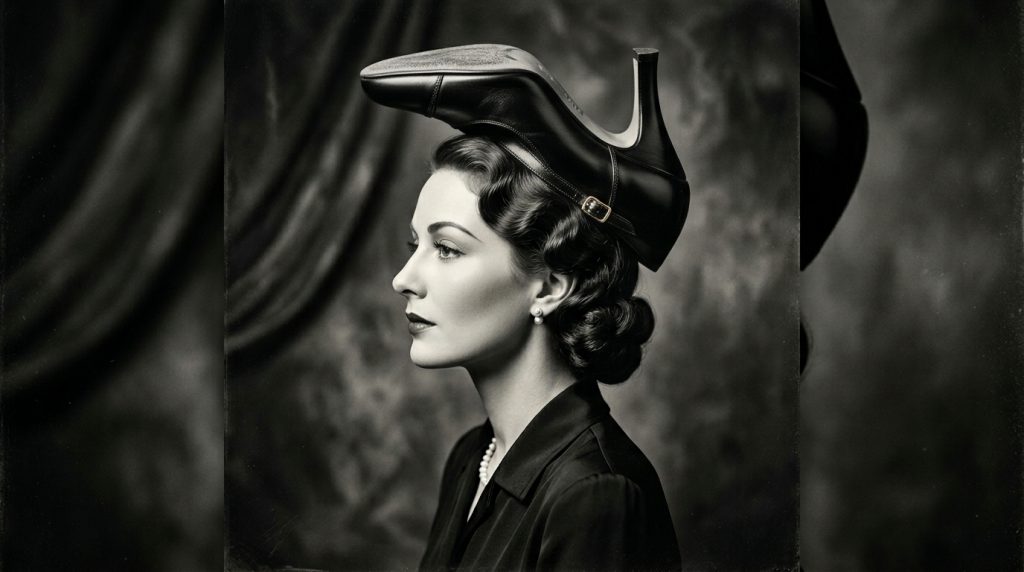 Black-and-white portrait of a woman in profile with curled hair, pearls, and a high-heeled shoe balanced on her head