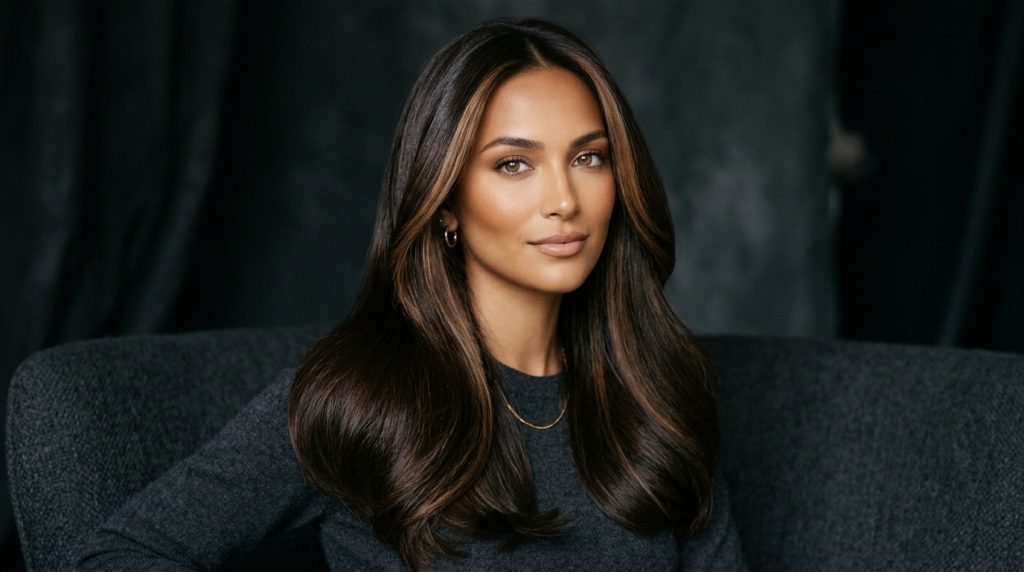 Person with long wavy dark hair and subtle highlights, wearing a dark sweater, seated on a couch against a dark backdrop