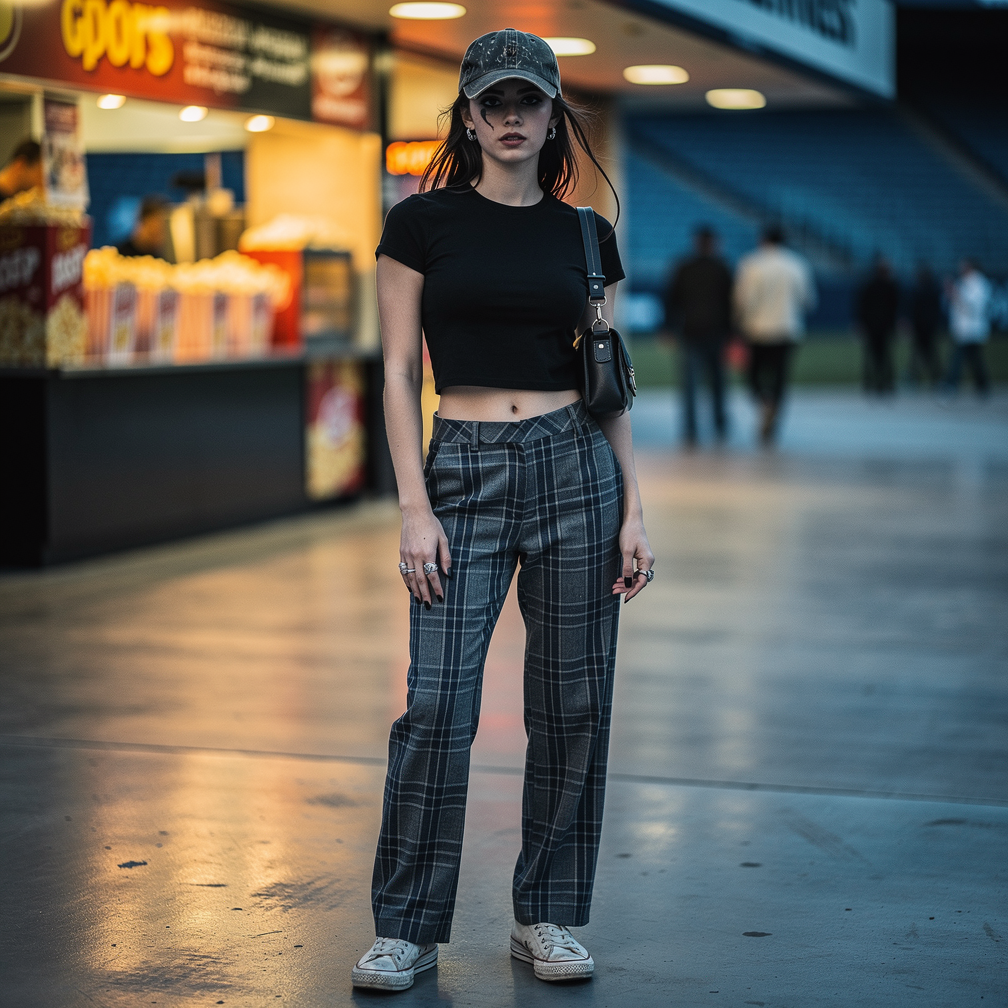 Person in black crop top, plaid pants, and cap standing indoors near a concession stand with blurred people behind
