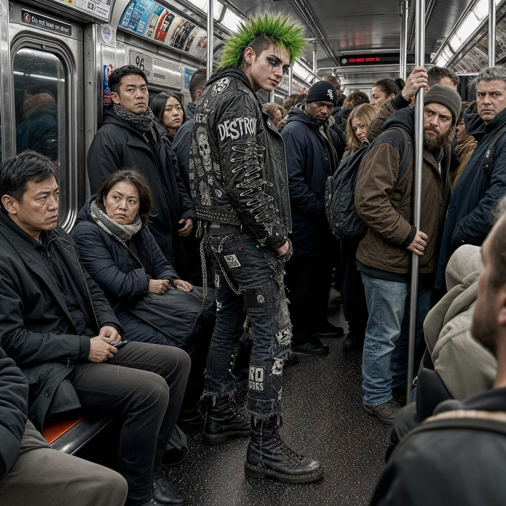 Crowded subway car with passengers; a standing punk with bright green mohawk and studded leather jacket in center.