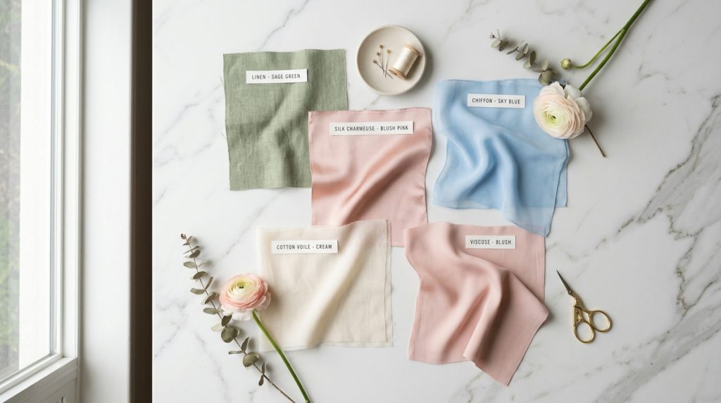 Fabric swatches labeled sage green linen, blush pink silk, sky blue chiffon, cream cotton and blush viscose on marble.