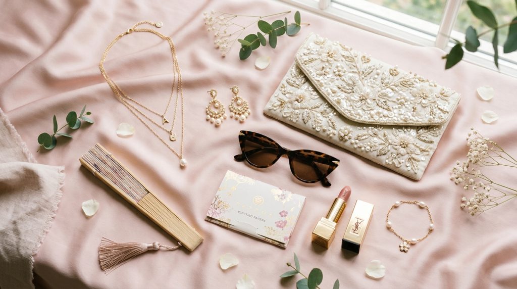 Flat lay of jewelry, sunglasses, lipstick, and embroidered clutch on pink fabric with greenery and petals.