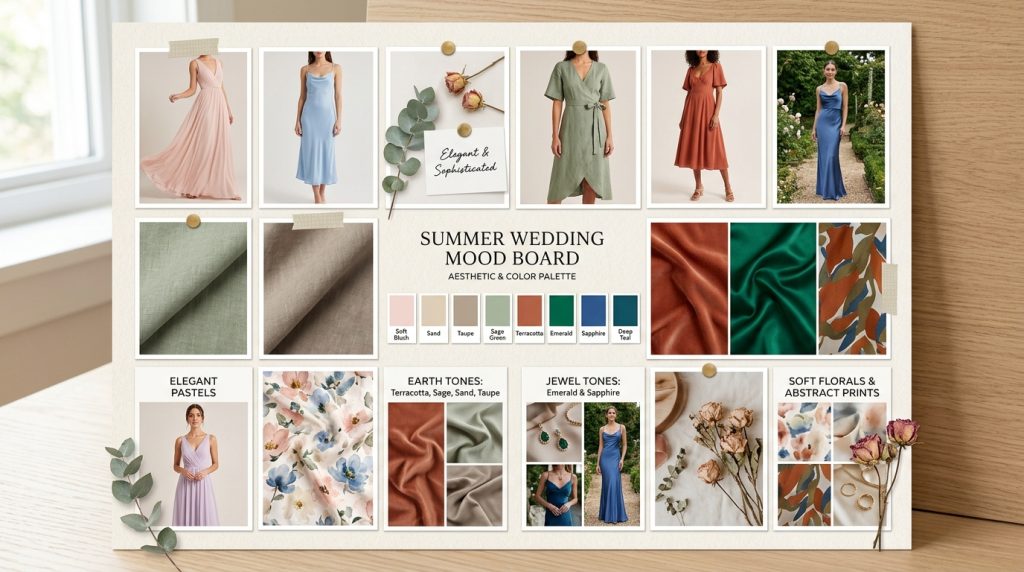 Summer wedding mood board with pastel and jewel-tone dresses, fabric swatches, floral prints, and color palette chips