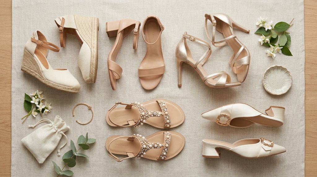 Flat lay of neutral women’s shoes and sandals with floral sprigs, a bracelet, and small fabric pouch on linen.