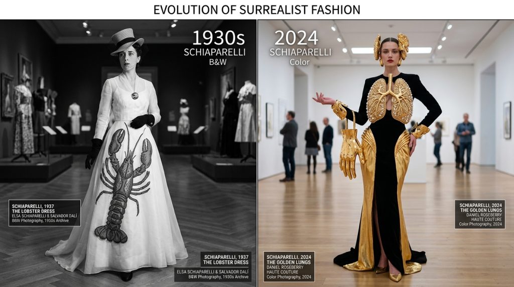 Side-by-side Schiaparelli looks: 1930s black-and-white lobster dress and 2024 gown with gold lung and hand motifs.