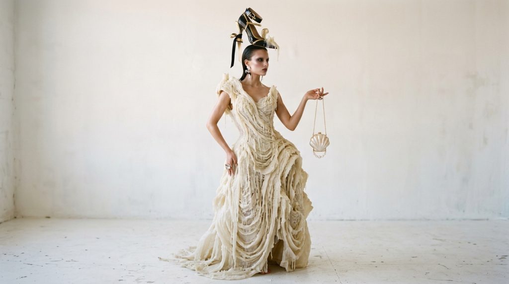 Person in an ivory draped gown holding a small shell-shaped purse, with a high heel balanced on their head in a studio.