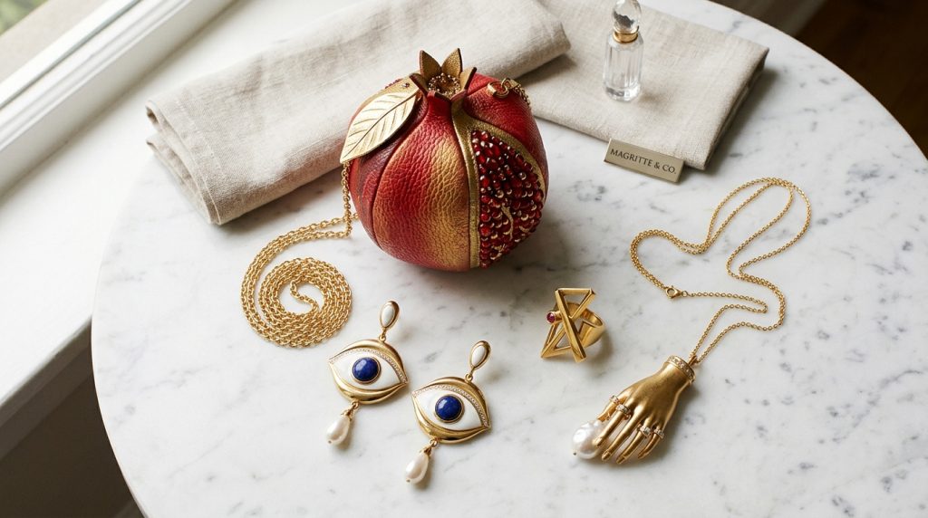 Gold jewelry and red pomegranate-shaped clutch on a marble table with folded linen and a small perfume bottle.