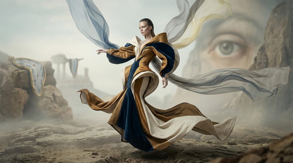 Surreal desert scene with melting clocks on rocks and a robed figure with flowing fabric in the wind