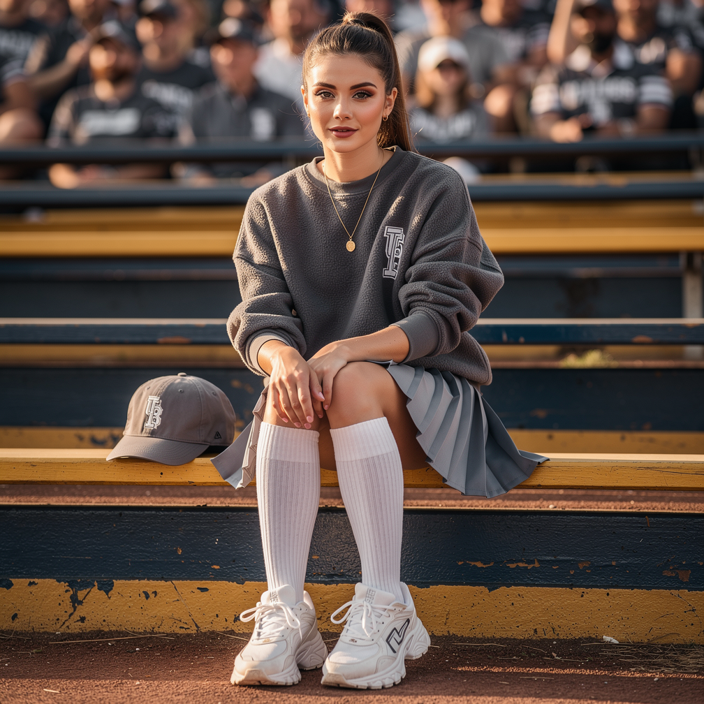 Student in gray sweatshirt and pleated skirt sits on bleachers with cap beside her, crowd blurred behind.
