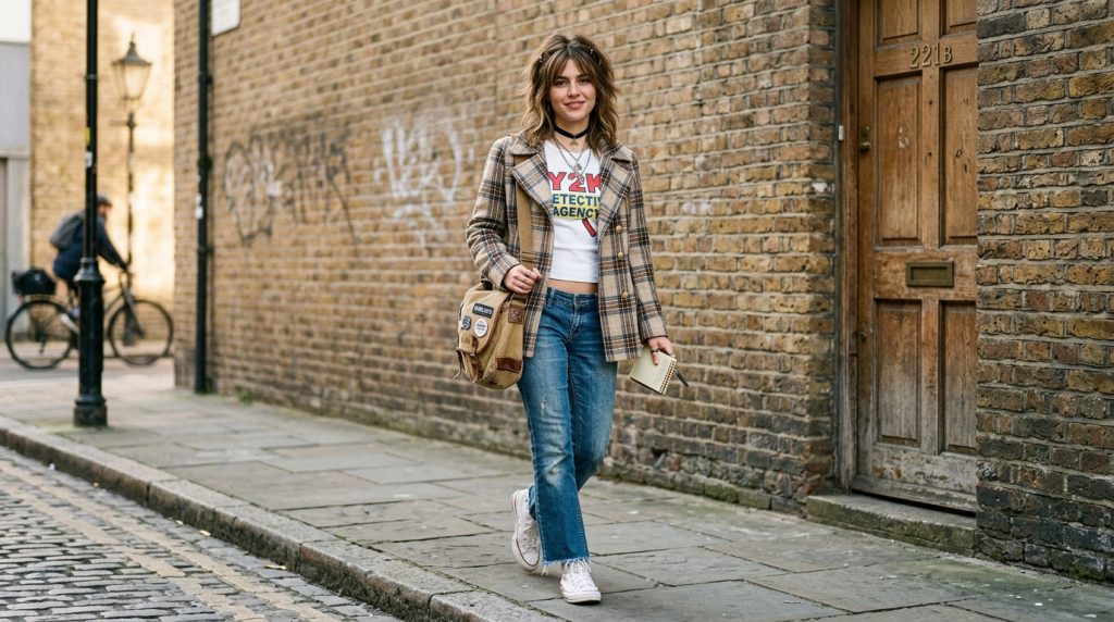 Person in plaid blazer and jeans walks along a brick street, carrying a bag and holding a notebook.