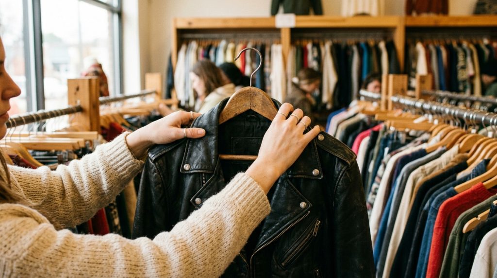Hands holding a black leather jacket on a hanger in a clothing store with racks of shirts in the background
