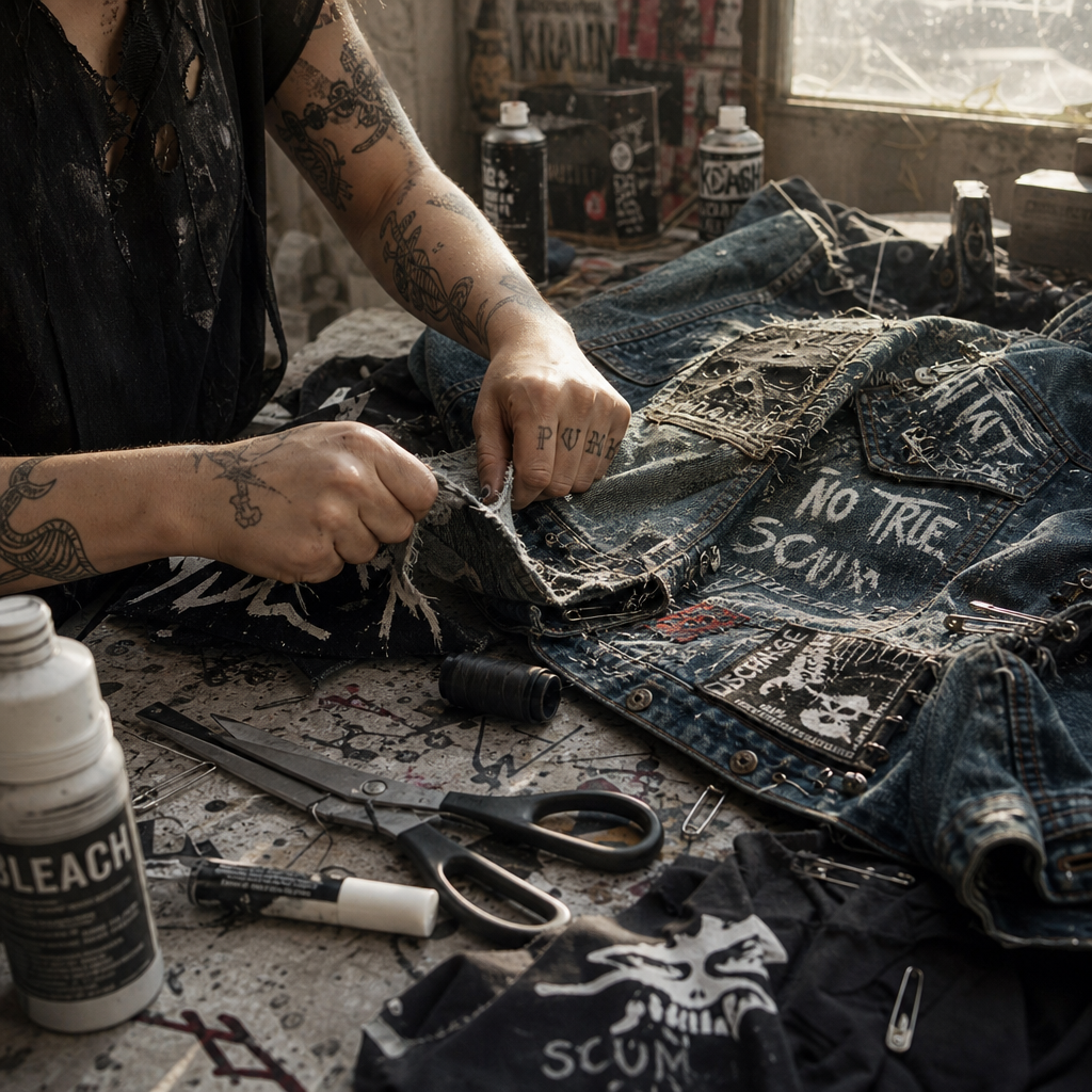 Tattooed hands customizing a punk denim jacket with patches and studs on a cluttered workbench with scissors and bleach