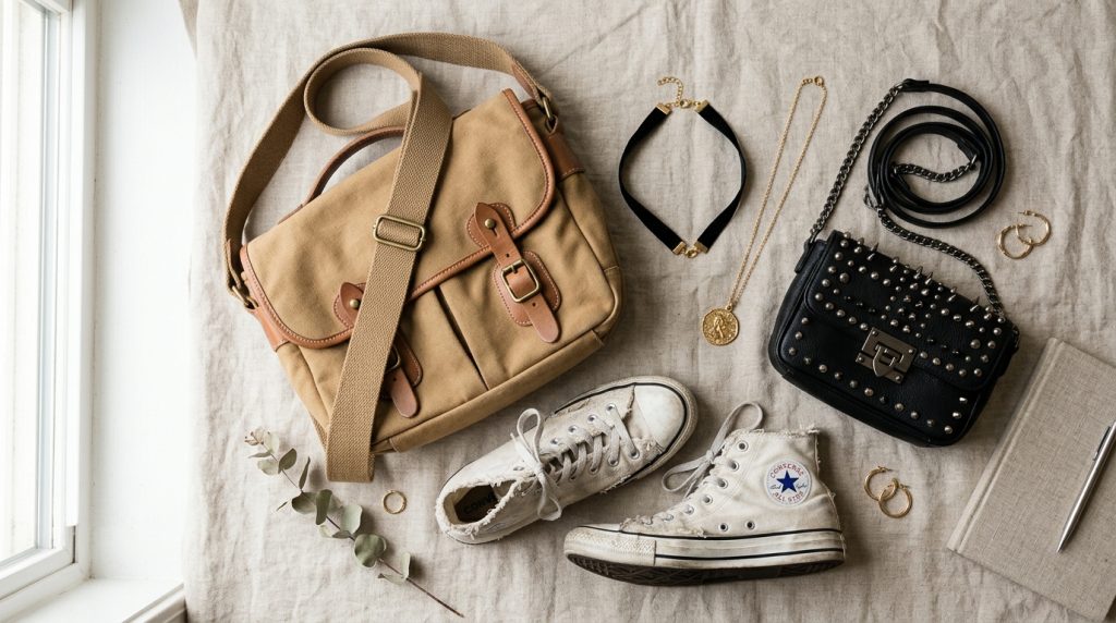 Flat lay of beige satchel, studded black purse, white Converse sneakers, jewelry, belt, notebook, and pen on linen.