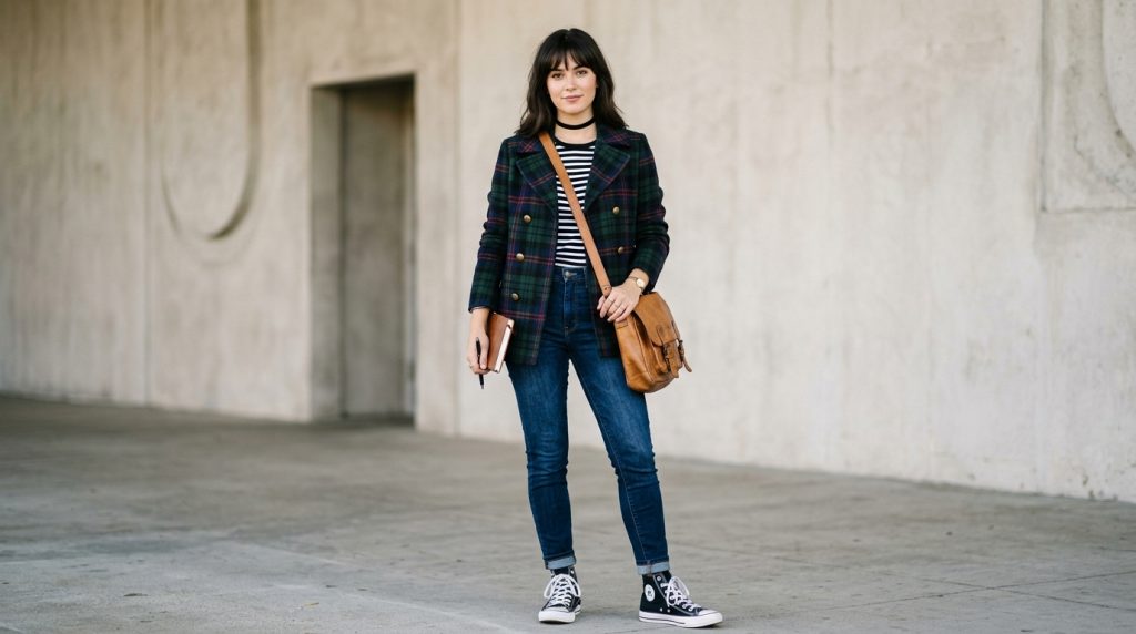 Person in plaid blazer, striped shirt, jeans, and Converse sneakers with a brown crossbody bag, holding a notebook.
