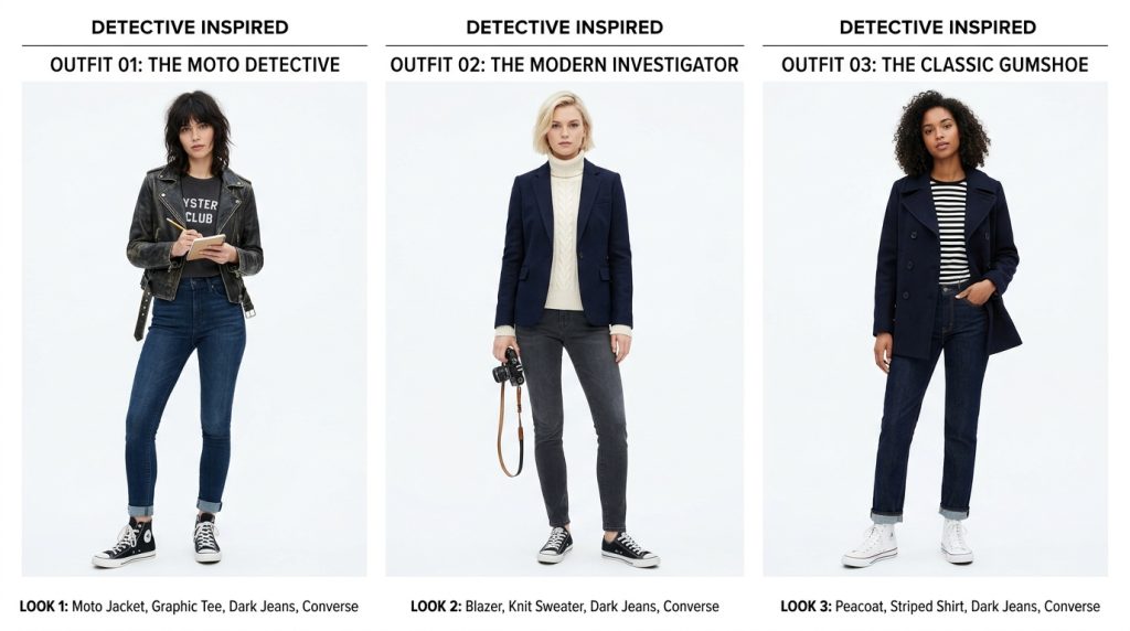 Three detective-inspired outfits: moto jacket and tee, blazer and sweater with camera, and peacoat with striped shirt.