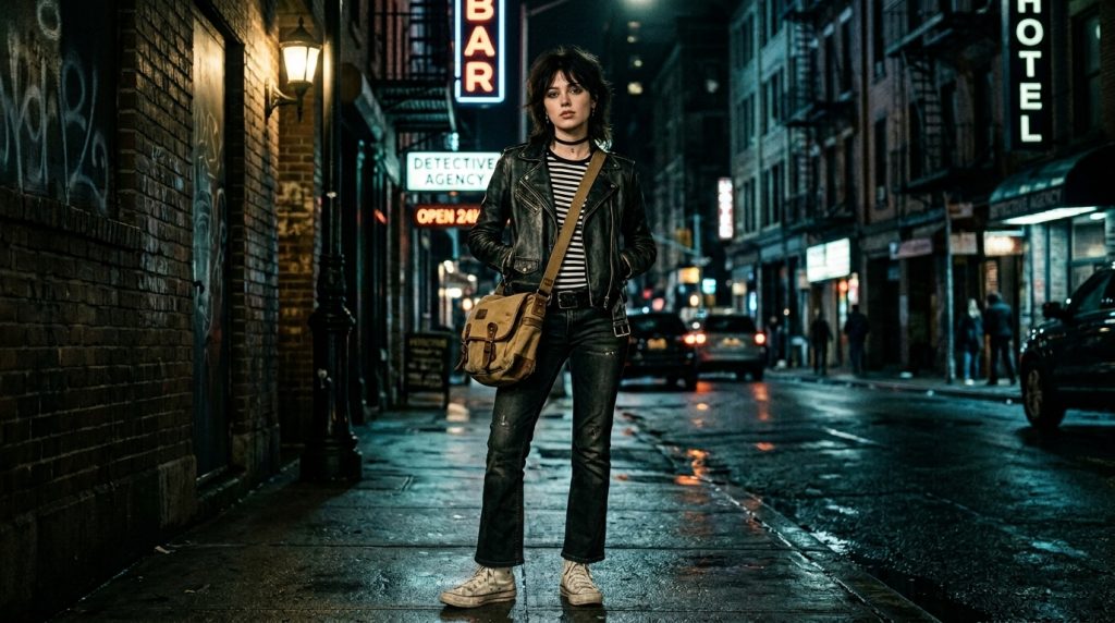 Person in leather jacket and striped shirt stands on wet city street at night with neon bar and hotel signs.
