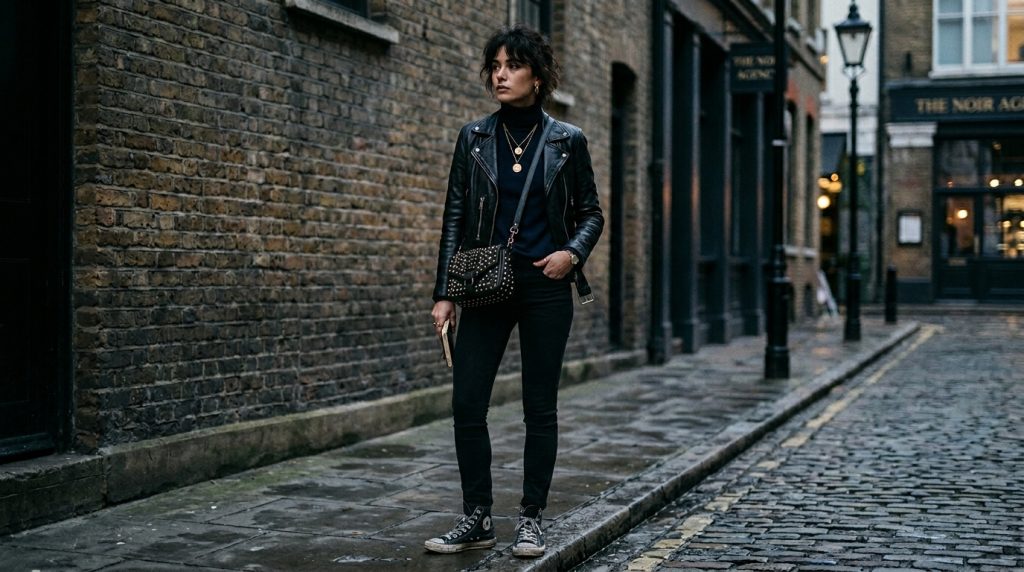 Person in black leather jacket and skinny jeans stands on a cobblestone street by a brick wall, wearing sneakers and a studded bag
