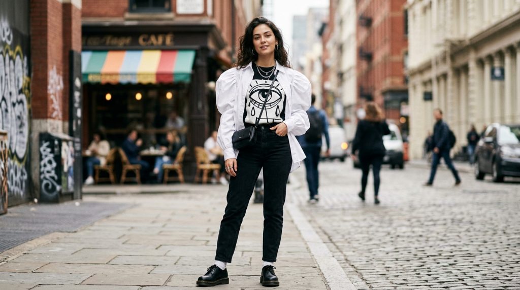 Person posing on a cobblestone street in white shirt, graphic tee, black jeans, and crossbody bag near a cafe.