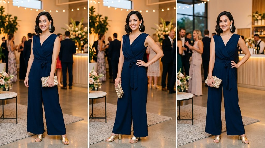 Woman in navy wrap jumpsuit holding beaded clutch at a cocktail reception, with guests, bar, and string lights behind.