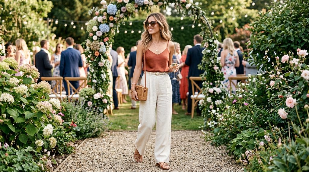 Guest holding a champagne glass walks under a flower arch at an outdoor garden wedding reception.