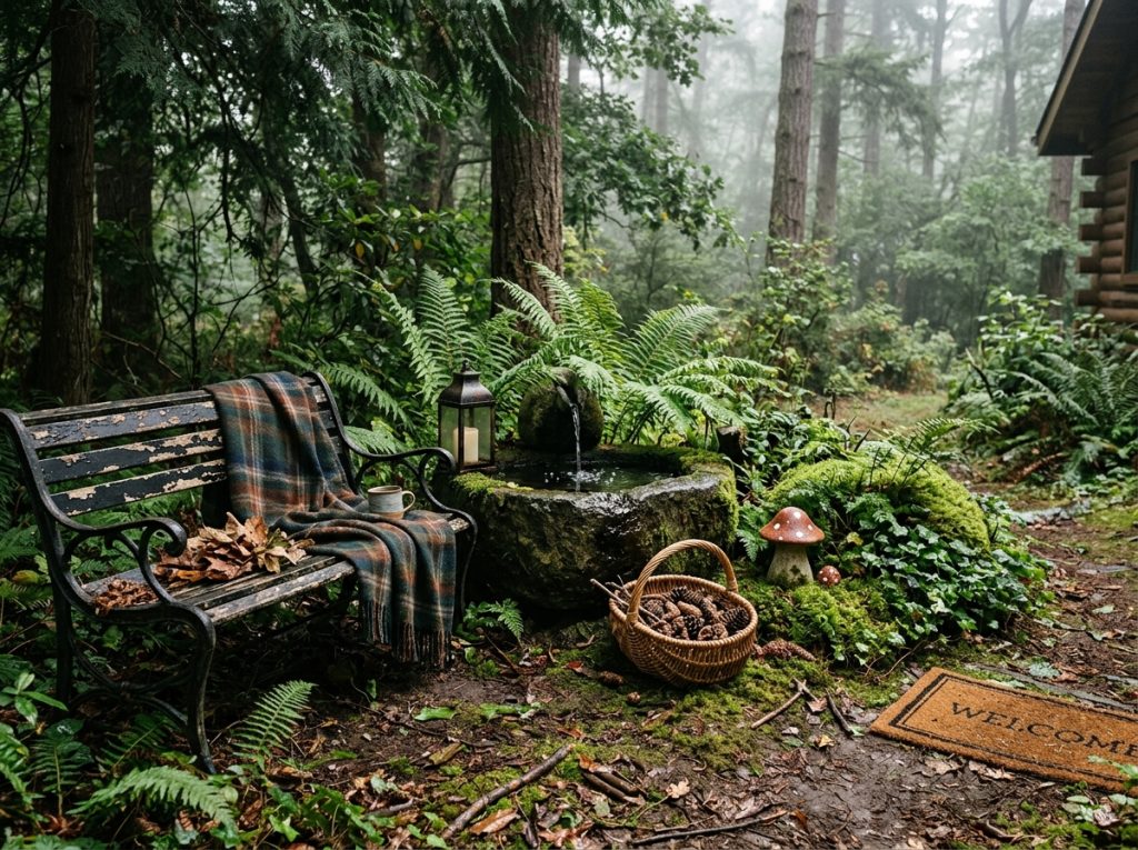 Forest nook with bench and plaid blanket beside mossy fountain, lantern, pinecone basket, and welcome mat by cabin