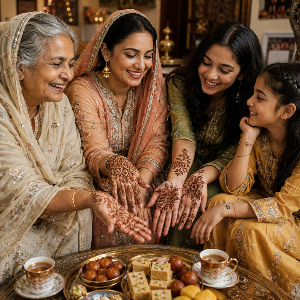Four women in traditional attire show fresh henna on their hands around a tray of sweets and tea.