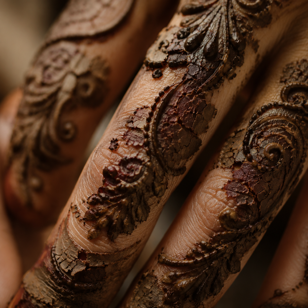 Close-up of fingers with ornate cracked henna designs and peeling dried paste on skin