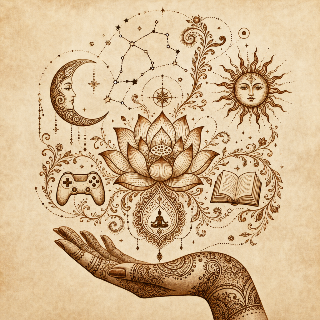 Henna-style illustration of a hand holding a lotus, with moon, sun, constellation, game controller, and book icons.