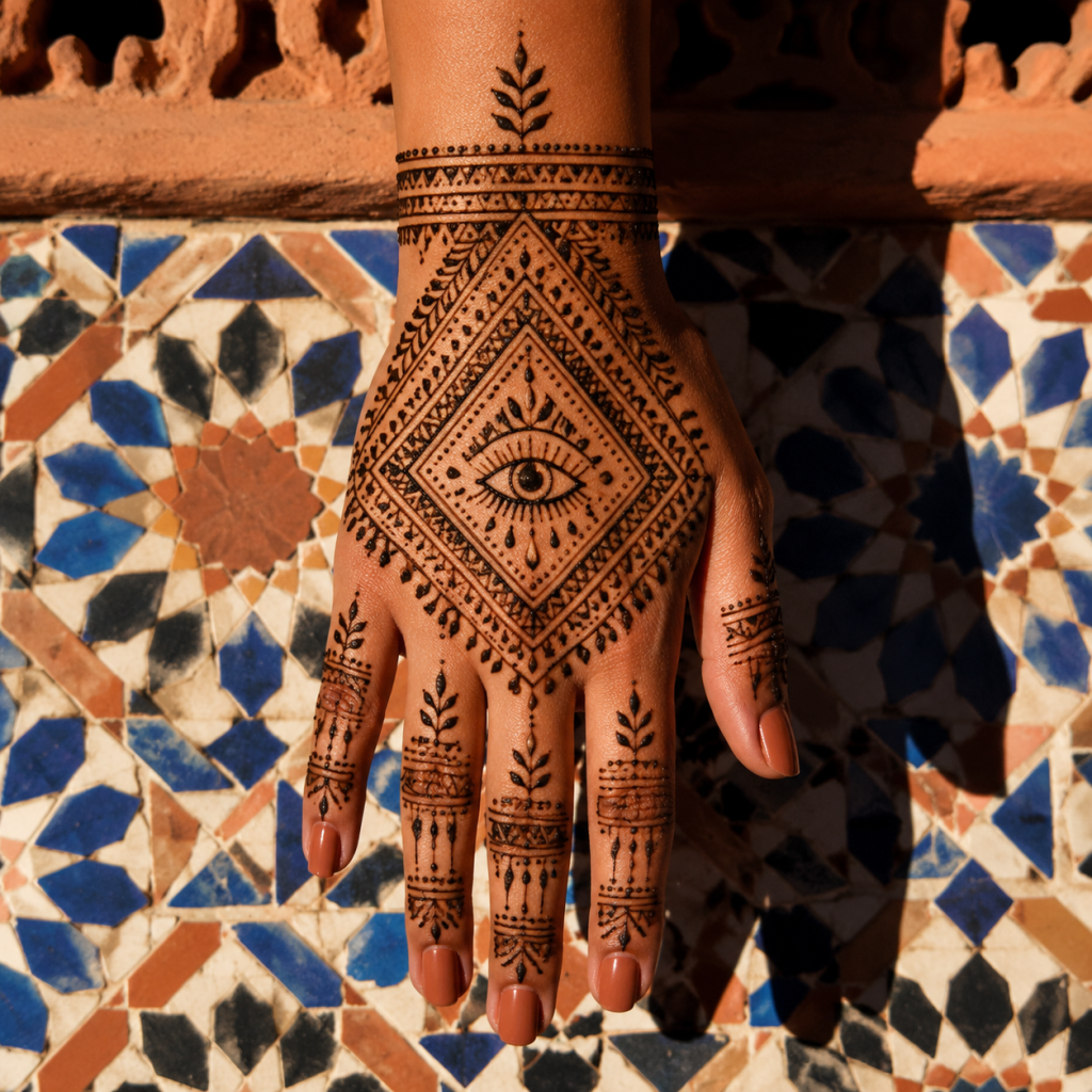 Hand with intricate henna featuring an eye motif, resting on colorful geometric mosaic tiles.