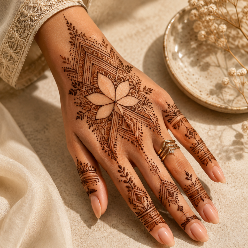 Hand with intricate henna floral and geometric design, nude nails and gold rings, beside a ceramic dish and dried flowers