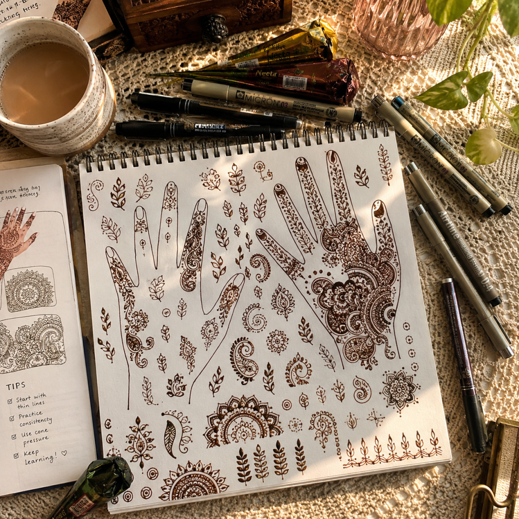 Sketchbook page with henna-style hand and floral doodles, pens and markers around, and a cup of tea on lace tablecloth