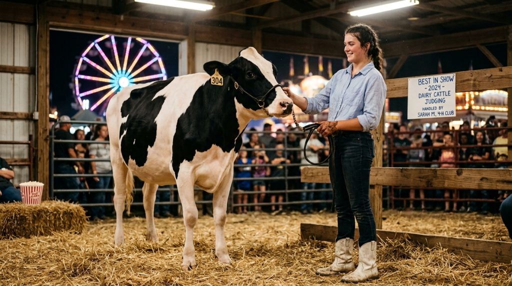 Handler holding a Holstein cow on a lead in a show ring, with a Ferris wheel and crowd in the background.