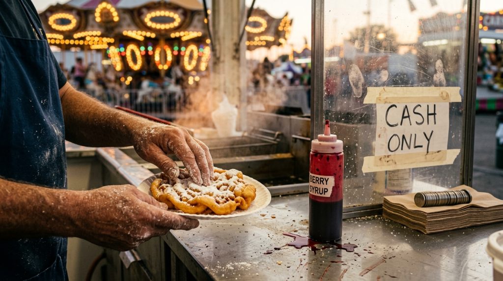 Vendor hands plate of powdered sugar funnel cake at fair booth beside “Cash Only” sign and berry syrup bottle