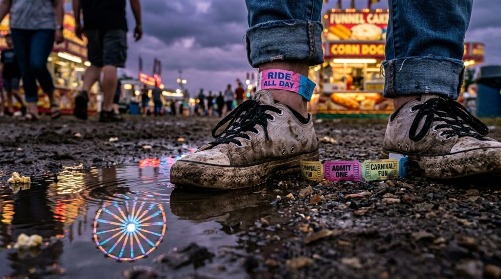 Mud-splattered sneakers with carnival tickets and “Ride all day” wristband by a puddle reflecting a Ferris wheel.