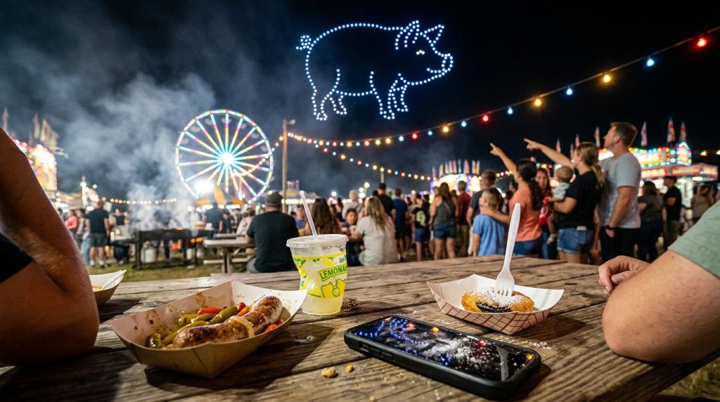 Fairground at night with Ferris wheel and crowd, pig-shaped drone lights overhead, food and lemonade on picnic table