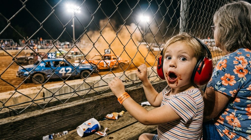 Child wearing ear protectors watches a dusty demolition derby through a chain-link fence at night