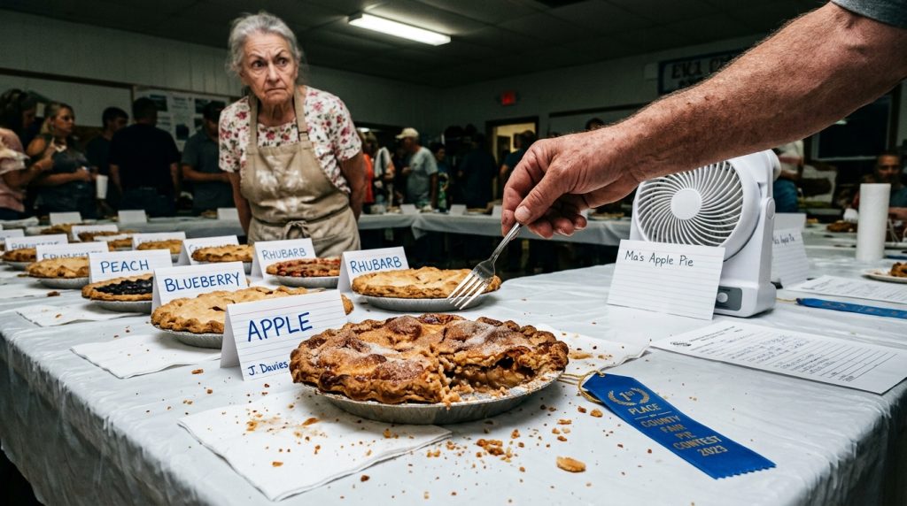 Hand with fork tasting an apple pie at a county fair pie contest table with labeled pies and a blue ribbon