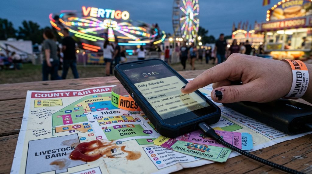 Hand using smartphone over a county fair map and ride tickets, with colorful lit rides and Ferris wheel in background.