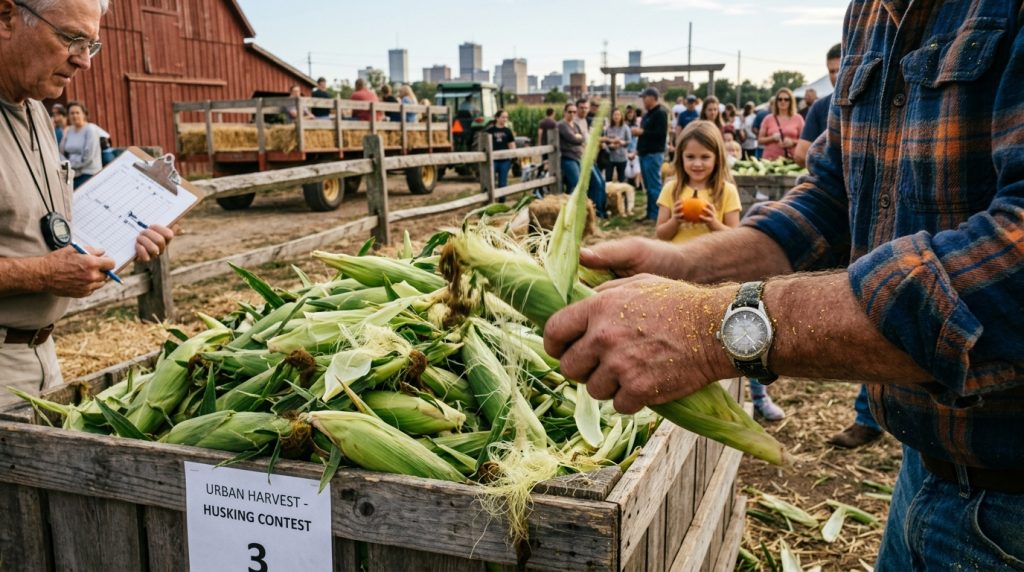 Man husking corn into a bin at an urban harvest contest while a judge takes notes and crowd watches nearby.