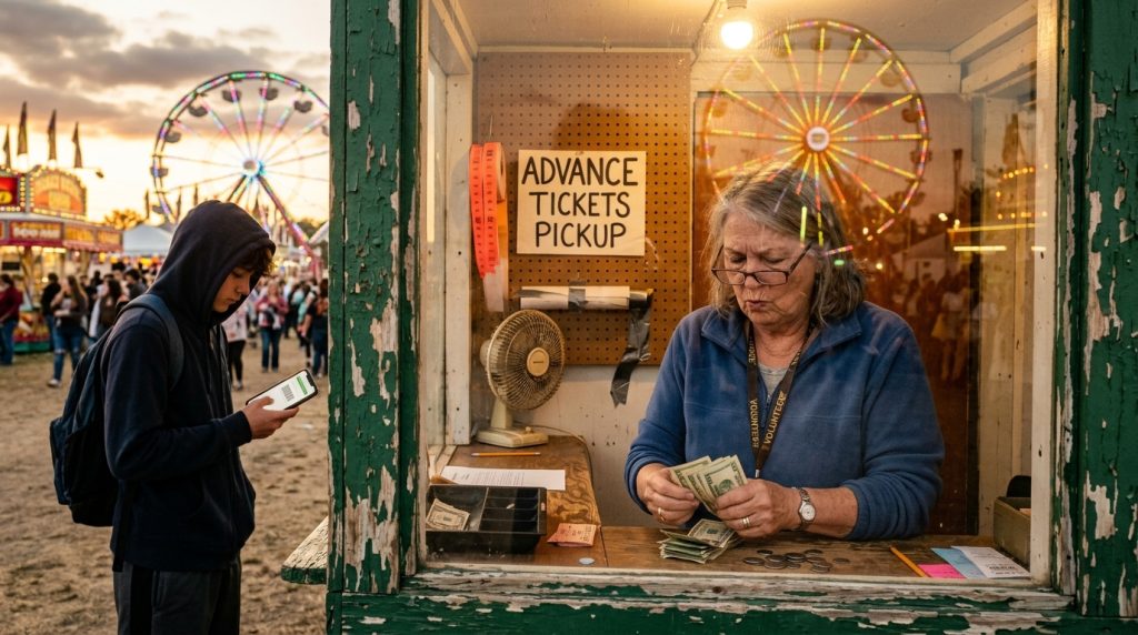 Customer at fair ticket booth labeled "Advance Tickets Pickup" while clerk counts cash, Ferris wheels glowing at dusk.