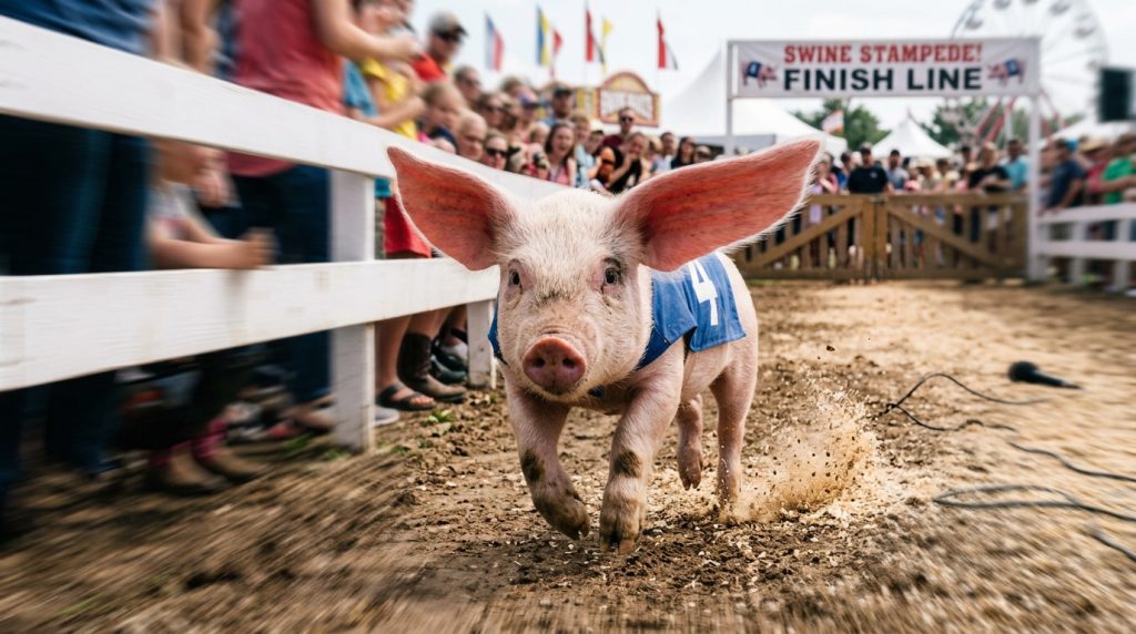 Piglet wearing a race number runs on a dirt track toward the finish line as spectators watch behind fences