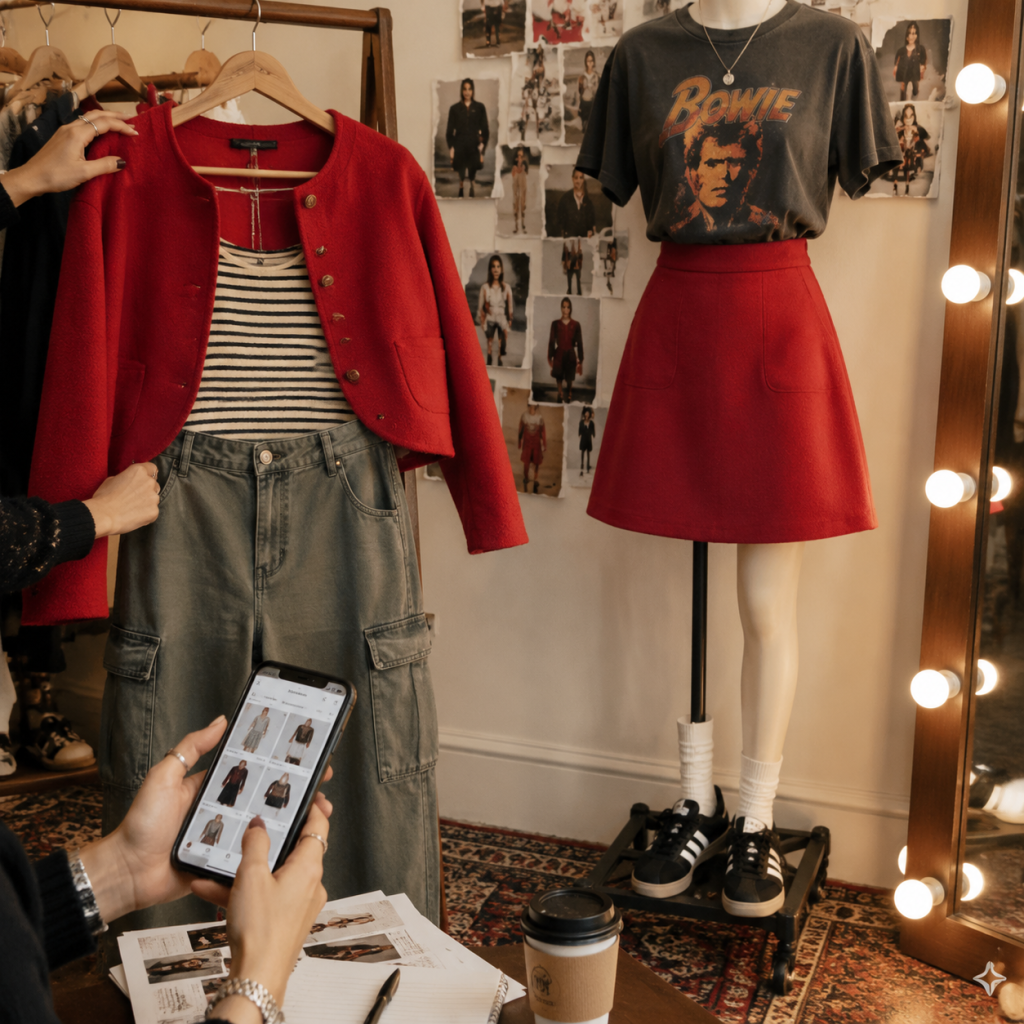 Fashion studio with red jacket outfit on rack, mannequin in Bowie tee and red skirt, hands browsing phone, moodboard wall